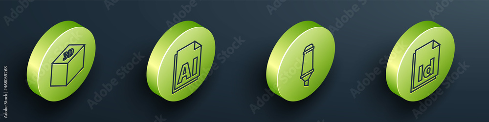 Poster set isometric isometric cube, ai file document, marker pen and id file document icon. vector