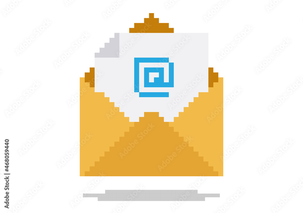 Poster pixel art vector illustration of opened email with email symbol on paper. object is isolated on whit