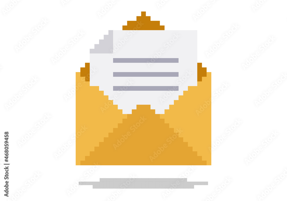 Aufkleber pixel art vector illustration of opened email with text on paper. object is isolated on white backgr