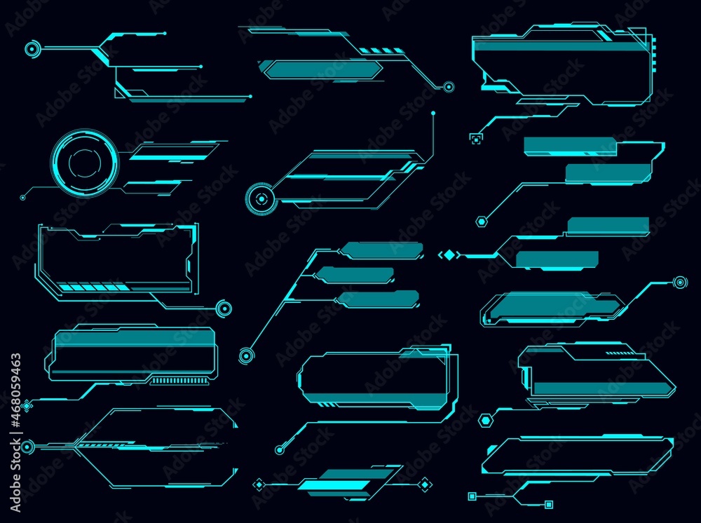 Aufkleber HUD callout title, information call bar and digital info text box vector templates. Modern technology futuristic info box banners with neon frames and data textboxes, interface elements