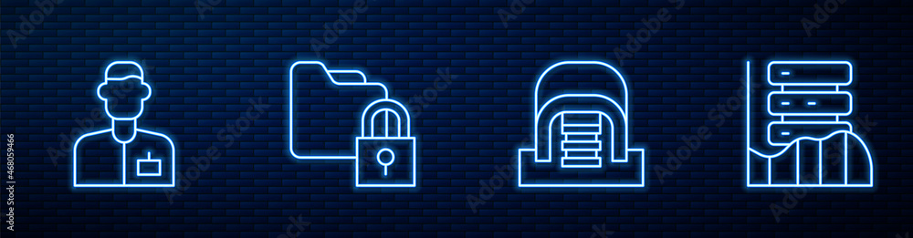 Poster set line hangar with servers, analyst engineer, folder and lock and server, data, web hosting. glowi