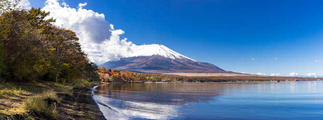 (山梨県ｰ風景パノラマ)秋の山中湖畔と富士山１