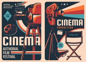 Cinema festival and movie production posters. Movie theatre screenings, video studio vector vintage banners with cinema camera on tripod, film reel and clapper, movie director chair and loudspeaker - obrazy, fototapety, plakaty