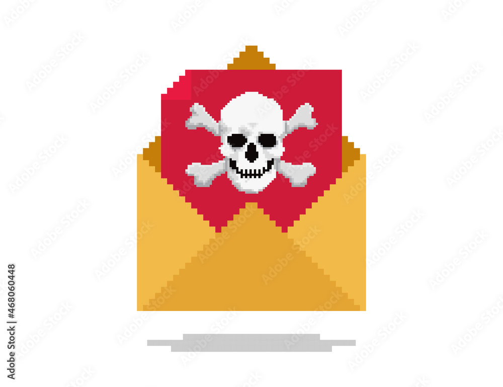 Poster pixel art vector illustration of opened email with virus skull symbol on red paper. object is isolat