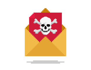 Pixel art vector illustration of opened email with virus skull symbol on red paper. Object is isolated on white background.