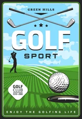 Foto op Canvas Golf course with golfer and clubs retro poster. Vector golf sport player hitting ball with wedge or driver, green grass play field and hole, sporting competition and championship tournament invitation © Vector Tradition