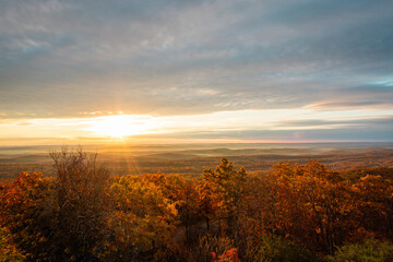 High Point State Park, NJ, sunrise on a late fall morning with fall foliage