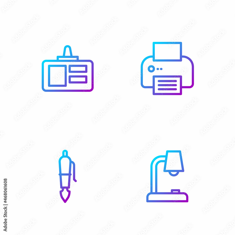 Poster set line table lamp, fountain pen nib, identification badge and printer. gradient color icons. vecto