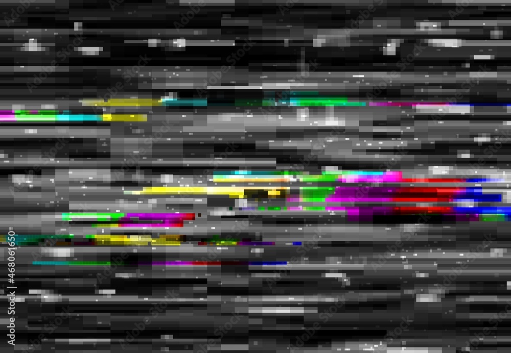 Poster Glitch digital color distortion, lines and pixel noise. VHS video tape rewind vector background and no signal TV screen texture, television static error abstract backdrop with colorful stripes