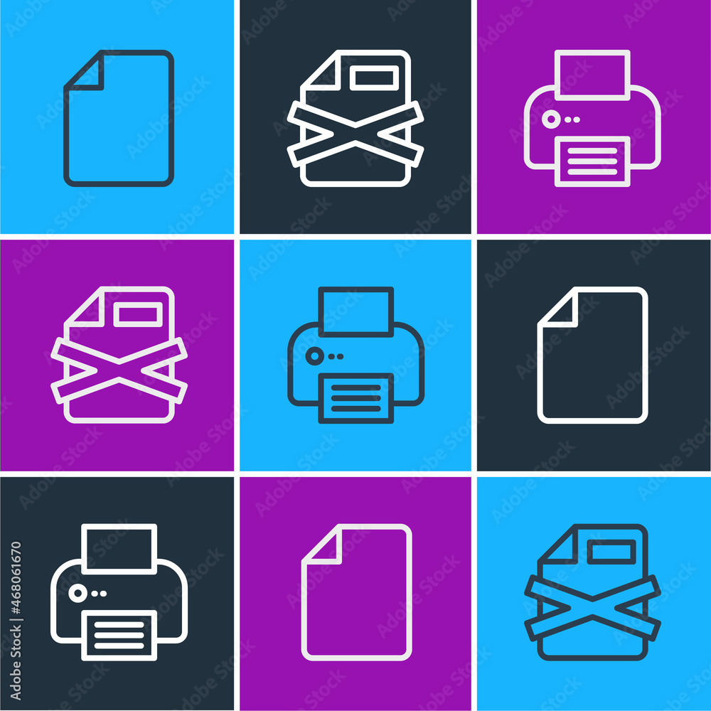 Aufkleber set line file document, printer and delete file icon. vector