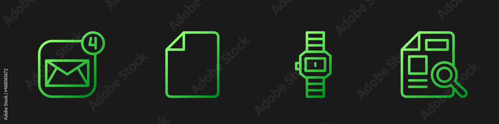 Poster set line wrist watch, envelope, file document and document with graph chart. gradient color icons. v