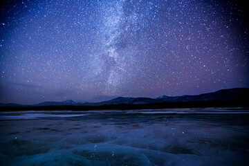 Starry sky over a frozen winter lake. Milky Way. Sikhote-Alin Biosphere Reserve in the Primorsky Territory.