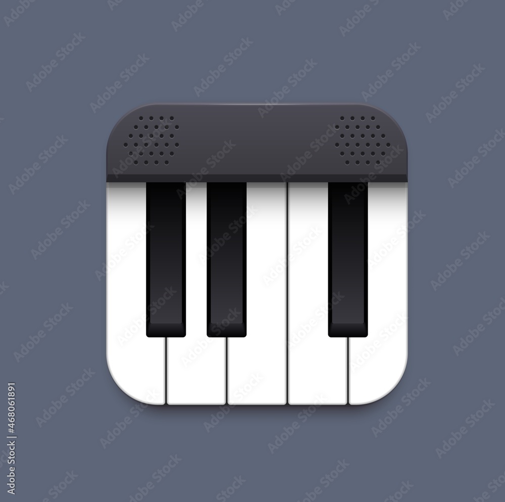 Poster piano music app interface 3d icon, vector keyboard of piano or synthesizer with white and black note