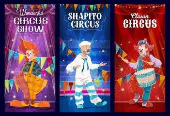 Shapito circus sailor clown, jester and harlequin cartoon characters. Carnival show vector banners with comic entertainers on stage with noses, wigs, funny shoes and drum, amusement park and funfair - obrazy, fototapety, plakaty