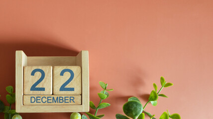 December 22, Date design with calendar cube and leaf on orange background.