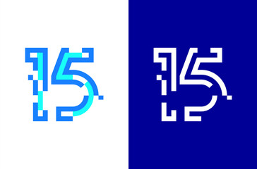 Number 15 digital logo. Numbers design with technology concept. Line logo and pixel