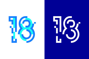 Number 18 digital logo. Numbers design with technology concept. Line logo and pixel