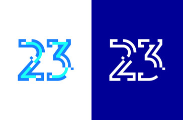Number 23 digital logo. Numbers design with technology concept. Line logo and pixel