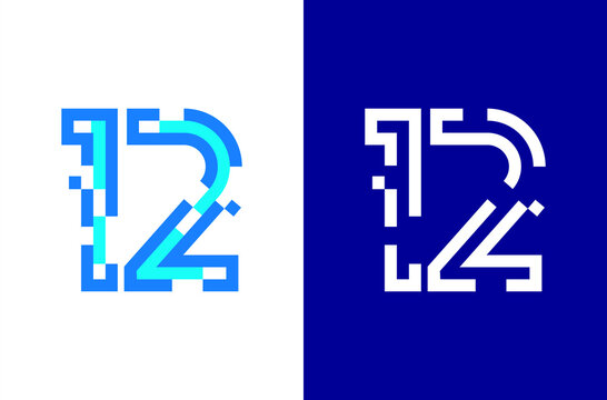 Number 12 digital logo. Numbers design with technology concept. Line logo and pixel