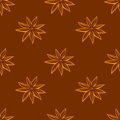Vector seamless pattern of outline star anise in doodle style, isolated. Cooking background or texture with spice, ingredient, component for hot drinks, mulled wine and food