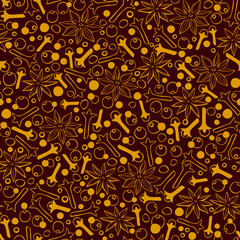 Vector seamless pattern of star anise, carnation, pepper in doodle style. Background or texture of seasonings, food additive, spices