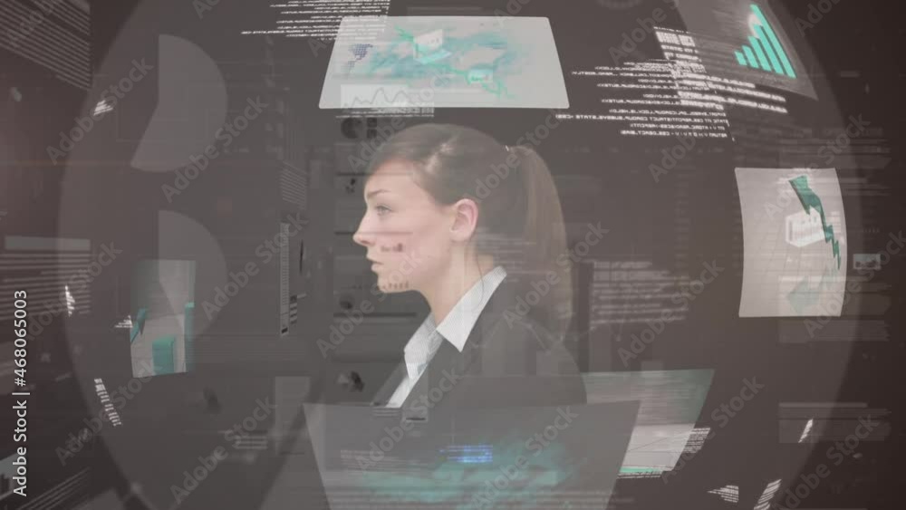 Aufkleber animation of businesswoman using touchscreen interface with screens processing data