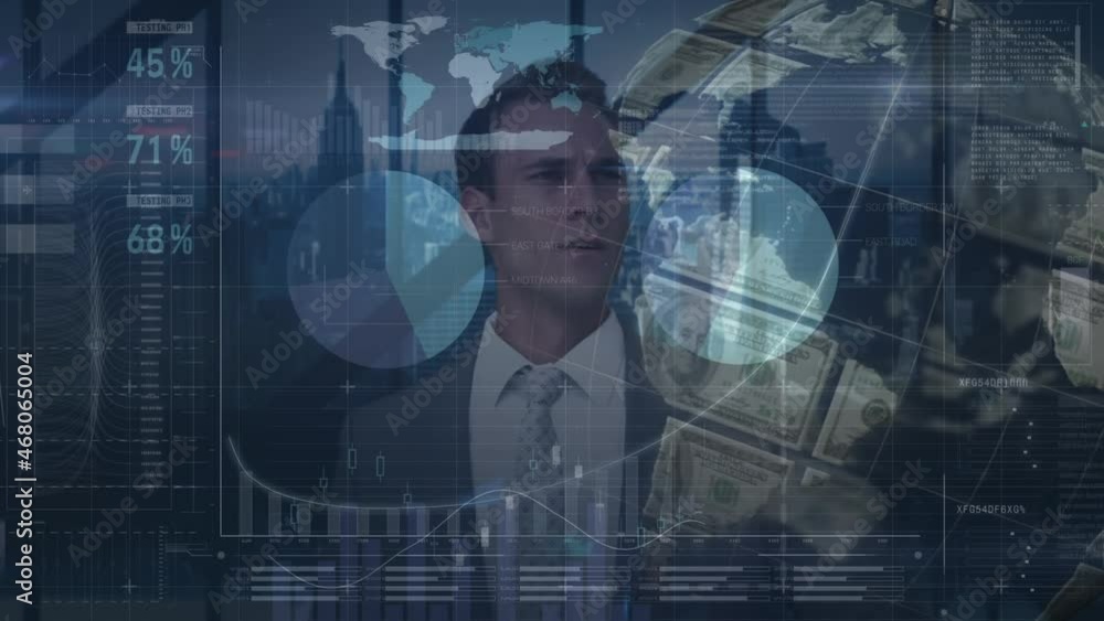 Poster animation of globe of dollars rotating over businessman using interface with data processing