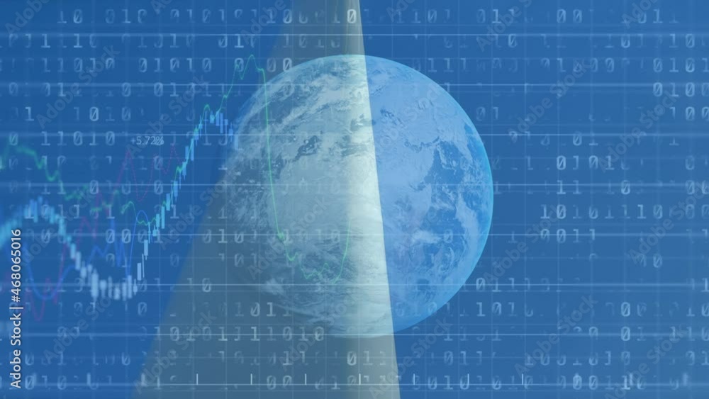 Poster animation of binary coding, data processing and globe over wind turbine