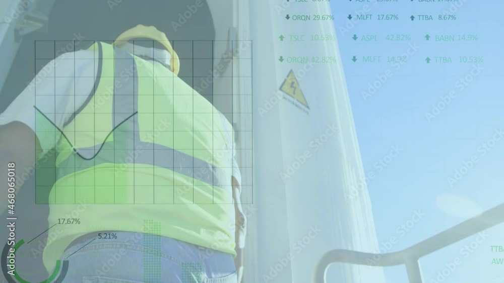 Poster animation of financial data processing over engineer and wind turbine