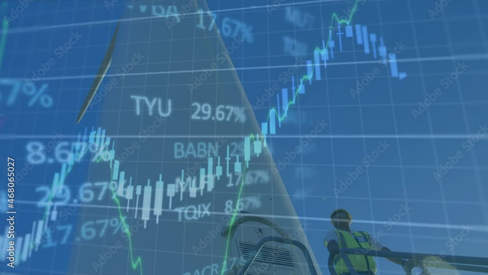 Poster animation of financial data processing and engineer next to wind turbine
