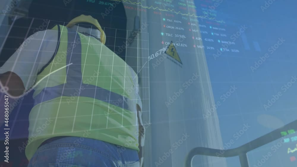 Poster animation of financial data processing and engineer on wind turbine