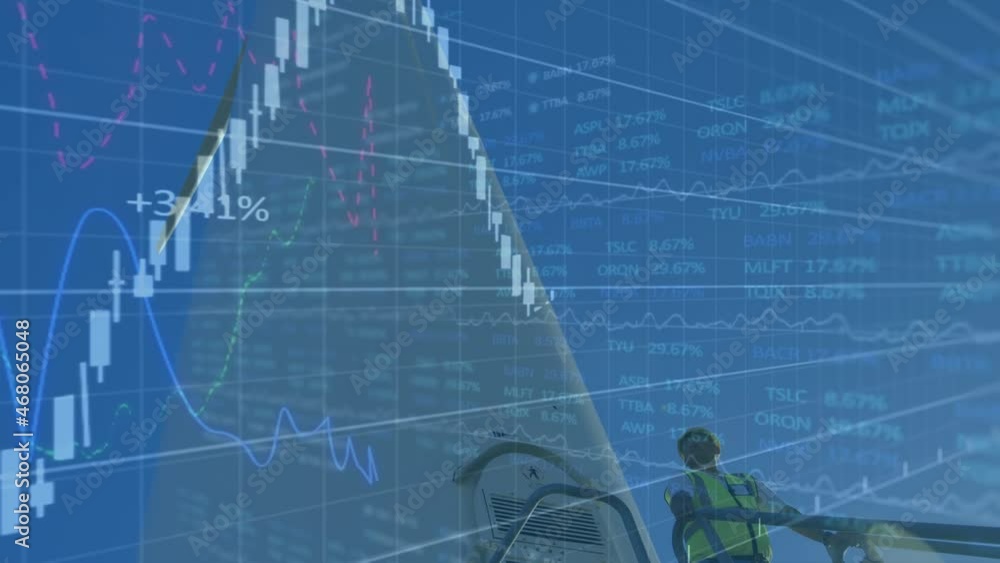 Poster animation of financial data processing and engineer on wind turbine