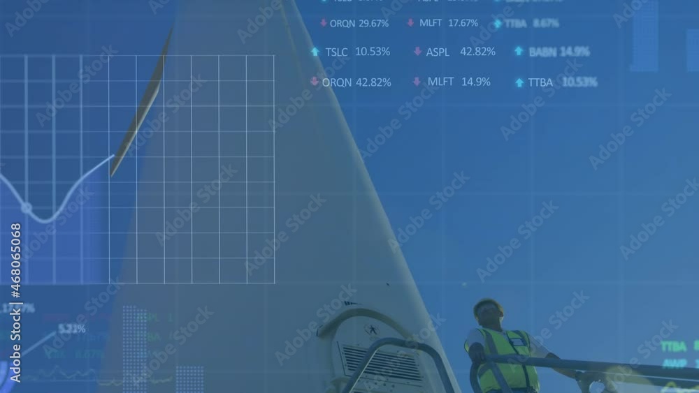 Poster animation of financial data processing over engineer and wind turbine