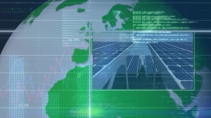 Animation of financial data processing binary coding over globe, solar panel and wind turbine - Powered by Adobe