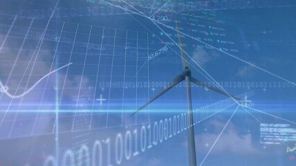 Animation of financial data processing and binary coding over wind turbine - Powered by Adobe
