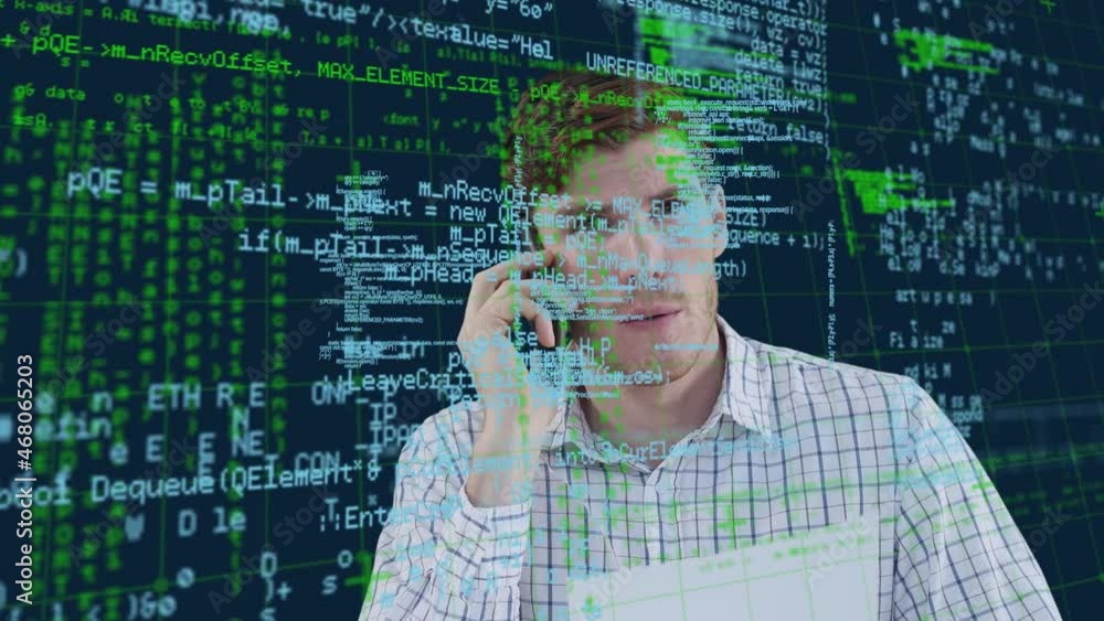 Poster animation of data processing and caucasian businessman talking on smartphone over gird