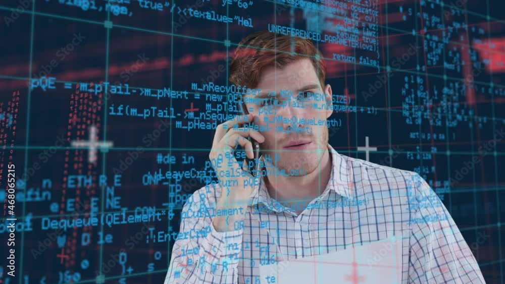 Poster animation of data processing and caucasian businessman talking on smartphone over gird