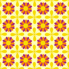 Retro pattern from multi-colored flowers. Drawing in hippie and 70s style. Vector illustration. For use in packaging, brochures, fabrics, prints.