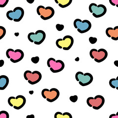 Vector illustration with cute animal seamless pattern. Heart shaped colorful spots on white background