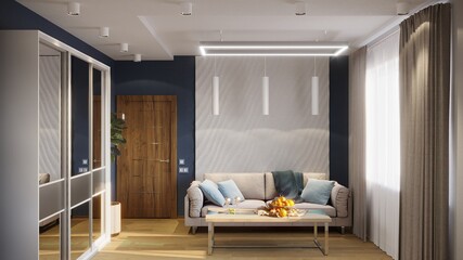 Stylish living room interior of modern apartment and trendy furniture, plants and elegant accessories. Home decor. Template, 3D render. Loft interior, industrial style.
Interior in grey shades