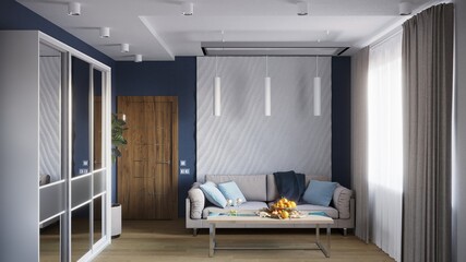 Stylish living room interior of modern apartment and trendy furniture, plants and elegant accessories. Home decor. Template, 3D render. Loft interior, industrial style.
Interior in grey shades