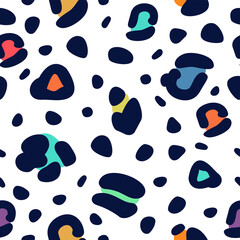 Vector illustration with rainbow leopard seamless pattern. Bright colorful animal spotted print on white background