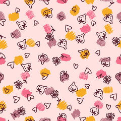  Doodle strawberries, flowers and hearts seamless pattern.  Perfect for scrapbooking, textile and prints. Hand drawn vector illustration for decor and design.