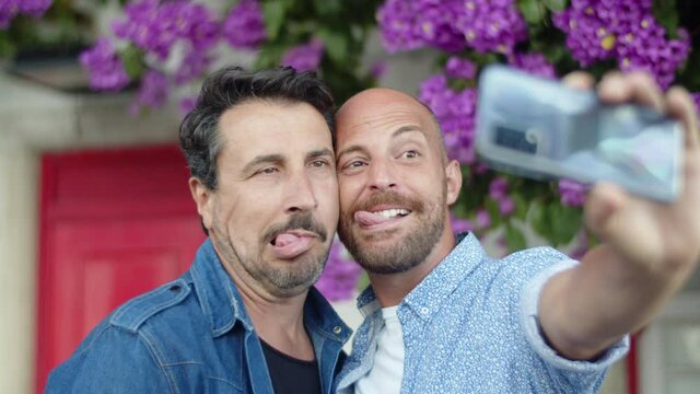 Happy homosexual men doing selfie and grimacing at camera. Medium shot of joyful male lovers mugging for camera, having fun, posing at phone camera in park. Photoshoot, gay couple, LGBT concept
