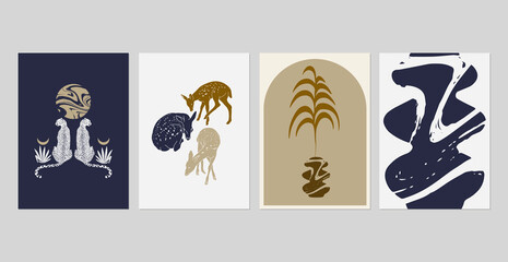 Naklejka premium Vector hand drawn minimalistic illustration of fawns,cheetah . Creative artwork set with geometric elements. Template for card, poster, banner, print for t-shirt, pin, badge, patch.