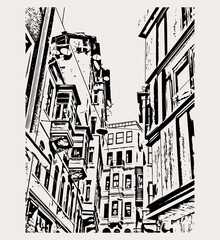 Vector hand drawn illustration of the street . Creative artwork. Template for card, poster, banner, print for t-shirt, pin, badge, patch.