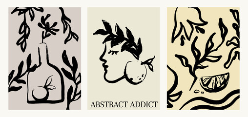 Fototapeta premium Vector set with hand drawn illustration with still life with floral elements, face . Creative artwork. Template for card, poster, banner, print for t-shirt, pin, badge, patch.