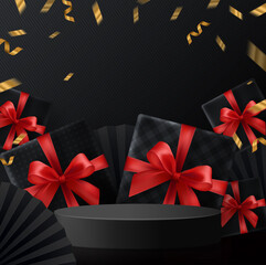 Fototapeta na wymiar Black Friday background and ound podium gift box, red ribbon and gold Floating Ribbon with craft style.