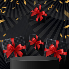 Black Friday background and ound podium  gift box, red ribbon and gold  Floating Ribbon with craft style.
