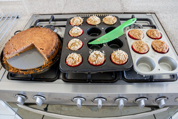 High angle view of some desserts just baked in a kitchen